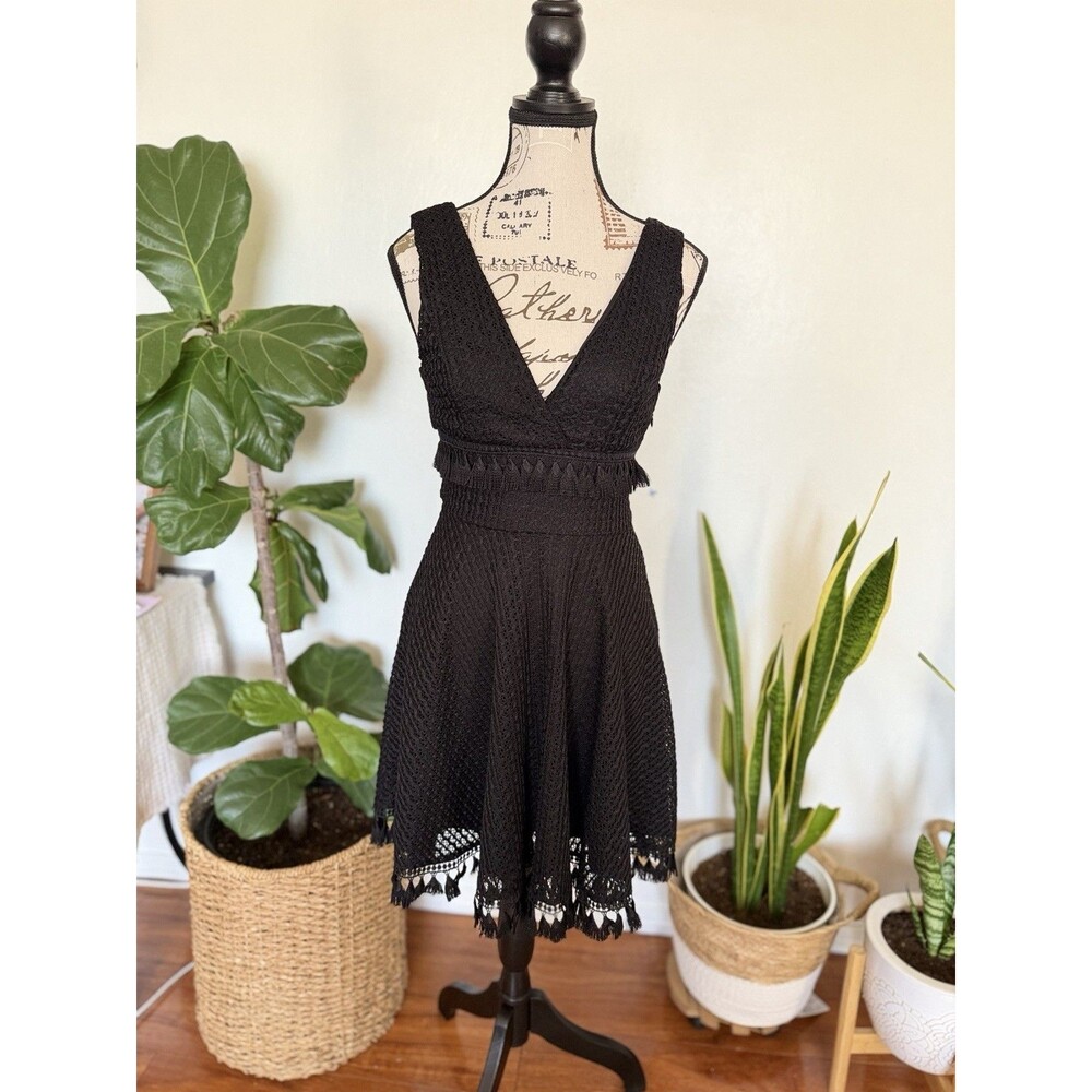 Ali & Jay Women's Black Solid V-Neck Sleeveless A-Line Crochet Tassel Dress XS